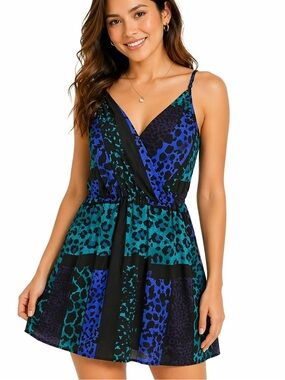 Y2K Yumi Kim Blue Teal Leopard Cheetah Animal Print Midi Goddess Dress Large